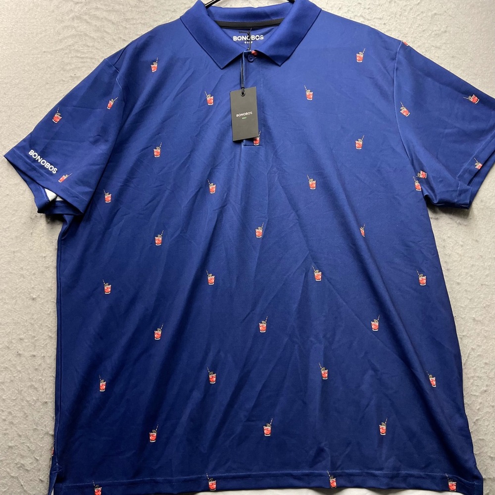 Bonobos Golf Polo Shirt Mens XL Blue Cocktail Drink Print Performance Stretch